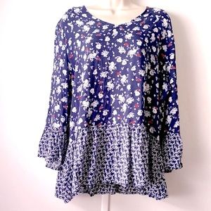 Como Vintage Navy Floral 3/4 Length Bell Sleeve Tunic Size XL